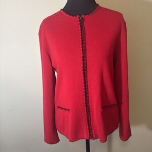 Vintage Sweater Red Zipper Embroidered Donna Ricco Black Accents Women's Medium